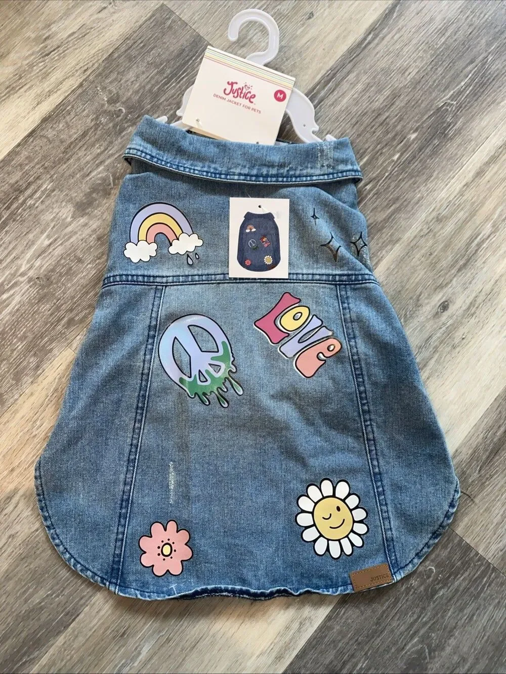 Justice Distress Denim Jacket For Pets W/Peace Sign, Love Decals Size S 13